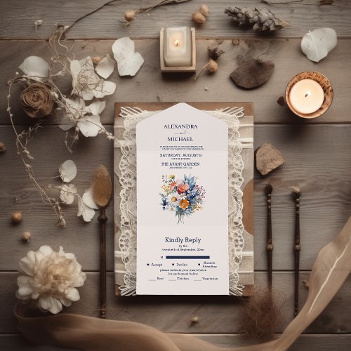 Elegant Watercolor Boho Floral Wedding All In One Invitation
