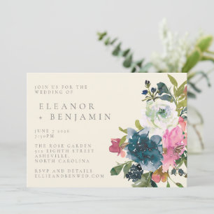 Elegant Watercolor Boho Pink Navy Floral Wedding Invitation