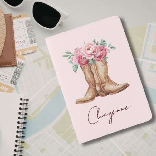 Elegant Watercolor Boots and Flowers Personalized Passport Holder