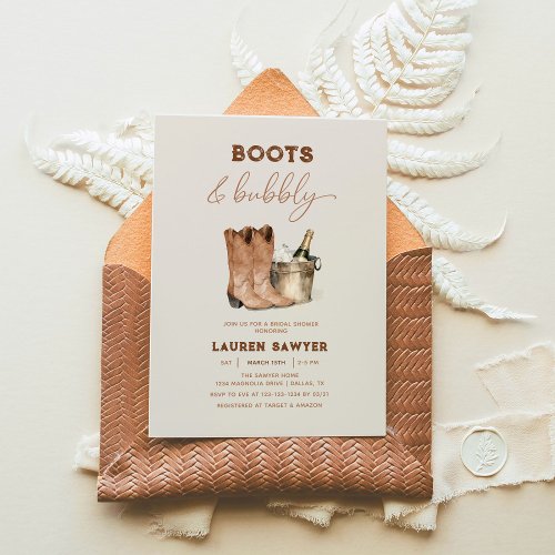Elegant Watercolor Boots  Bubbly Bridal Shower Invitation