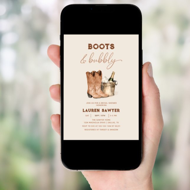 Elegant Watercolor Boots & Bubbly Bridal Shower Invitation (Front Digital)