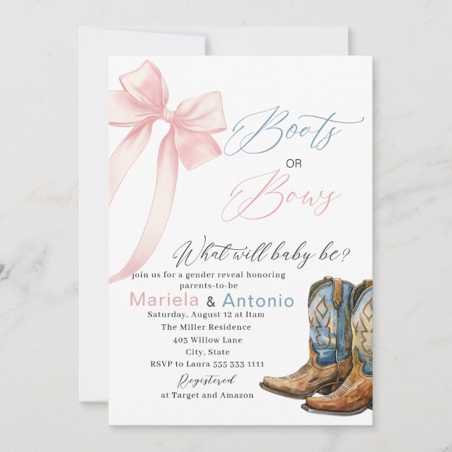 Elegant Watercolor Boots or Bows Baby Shower Invitation (Front)