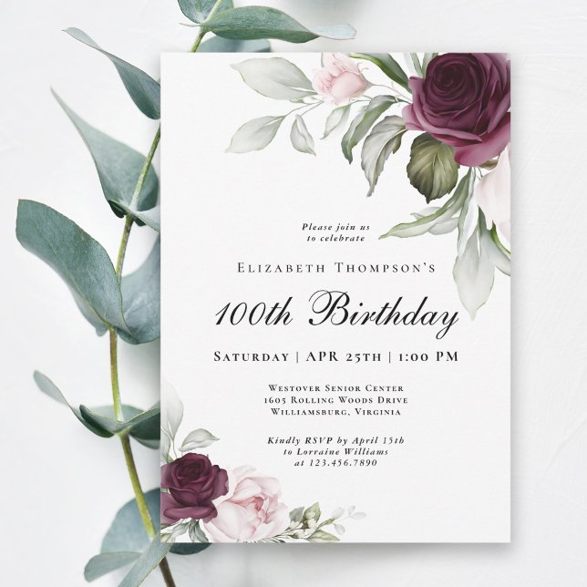 Elegant Watercolor Botanical 100th Birthday Invitation (Celebrate a 100th birthday in feminine style with this elegant invitation.)