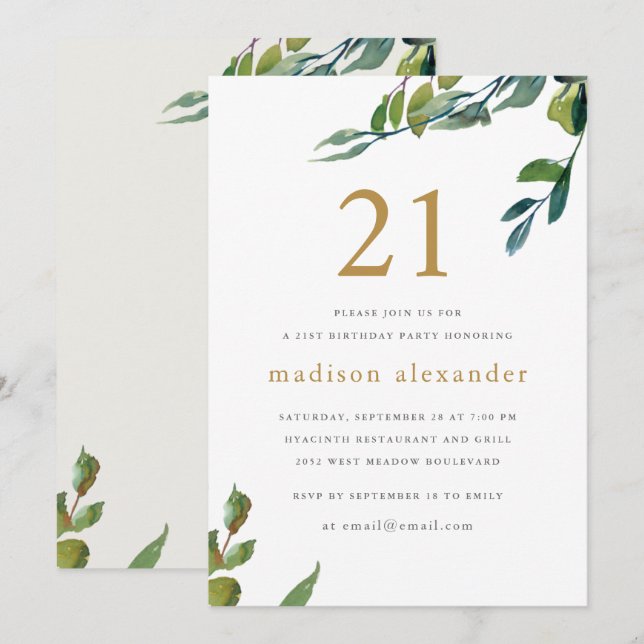 Elegant Watercolor Botanical 21st Birthday Invitation (Front/Back)