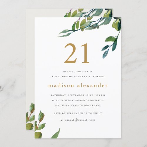 Elegant Watercolor Botanical 21st Birthday Invitation
