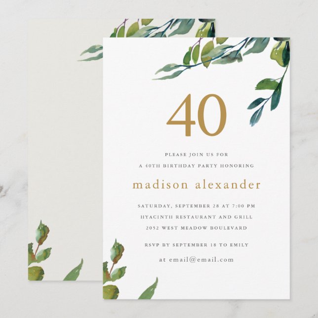 Elegant Watercolor Botanical 40th Birthday Invitation (Front/Back)