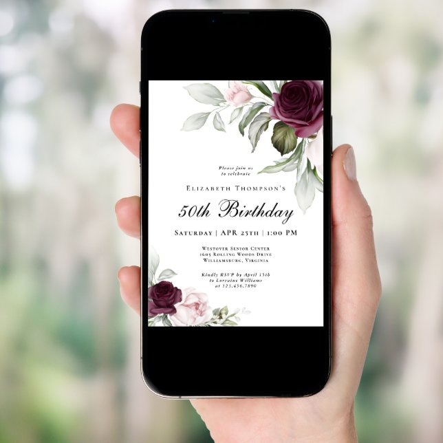 Elegant Watercolor Botanical 50th Birthday Invitation (Front Digital)