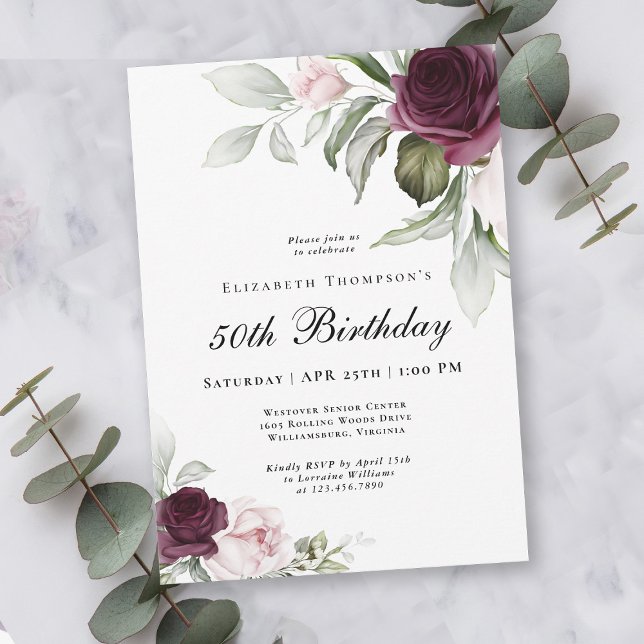 Elegant Watercolor Botanical 50th Birthday Invitation (An elegant invitation for celebrating an important milestone birthday!)