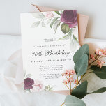 Elegant Watercolor Botanical 70th Birthday Invitation<br><div class="desc">Celebrate a special 70th birthday milestone birthday with this beautiful party invitation with featuring floral borders in burgundy and pink roses on each side of the elegantly placed text. Colors include pale blush pink, deep burgundy red and plum mixed with ethereal greenery and tiny white accent flowers. Personalize the text...</div>