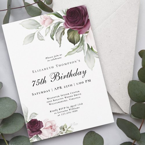 Elegant Watercolor Botanical 75th Birthday Invitation