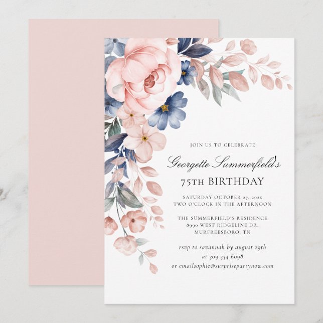 Elegant Watercolor Botanical 75th Birthday Invitation (Front/Back)