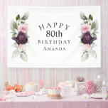 Elegant Watercolor Botanical 80th Birthday Banner<br><div class="desc">Celebrate a special milestone birthday with this beautiful banner that has floral borders in burgundy and pink roses on each side of the elegantly placed text. Colors include pale blush pink, deep burgundy red and plum mixed with ethereal greenery and tiny white accent flowers. Personalize the text template with your...</div>