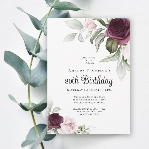 Elegant Watercolor Botanical 80th Birthday Invitat Invitation