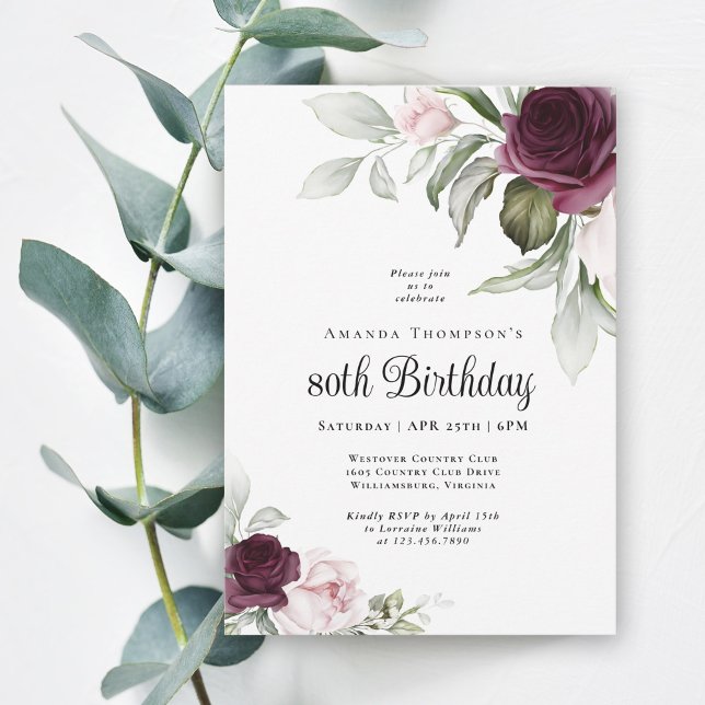 Elegant Watercolor Botanical 80th Birthday Invitat Invitation (Order this elegant birthday invitation as printed or digital download version. )