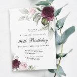 Elegant Watercolor Botanical 90th Birthday Invitation<br><div class="desc">Celebrate a special 90th birthday milestone birthday with this beautiful party invitation with featuring floral borders in burgundy and pink roses on each side of the elegantly placed text. Colors include pale blush pink, deep burgundy red and plum mixed with ethereal greenery and tiny white accent flowers. Personalize the text...</div>