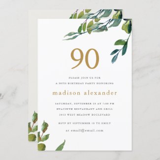 Elegant Watercolor Botanical 90th Birthday Invitation