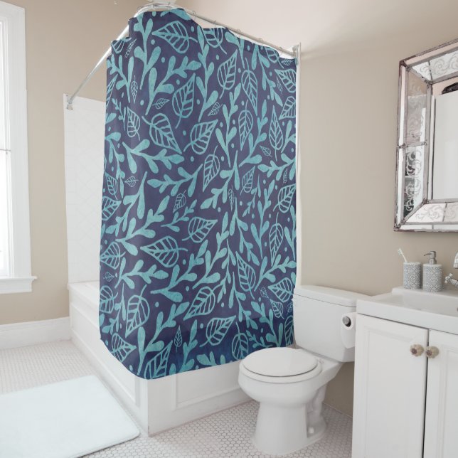Elegant Watercolor Botanical Blue Leaves Pattern | Shower Curtain (In Situ)