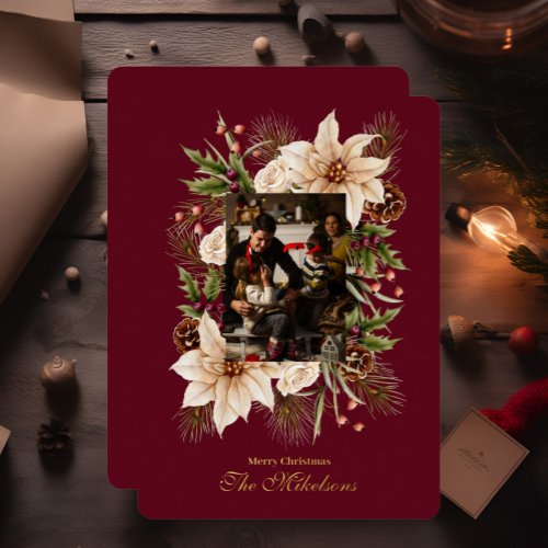 Elegant Watercolor Botanical Christmas Photo Foil Holiday Card
