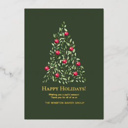 Elegant Watercolor Botanical Christmas Tree Gold Foil Holiday Card