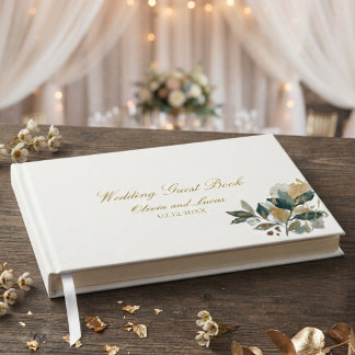 Elegant Watercolor Botanical Eucalyptus Gold Green Guest Book