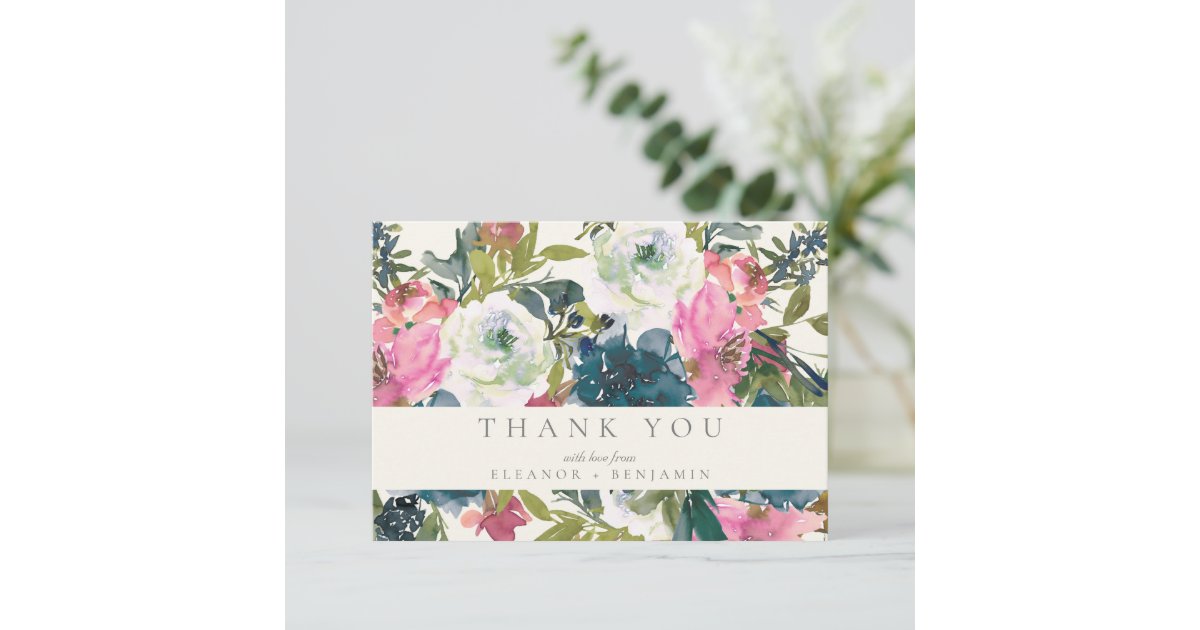 Elegant Watercolor Botanical Floral Bloom Wedding Thank You Card | Zazzle
