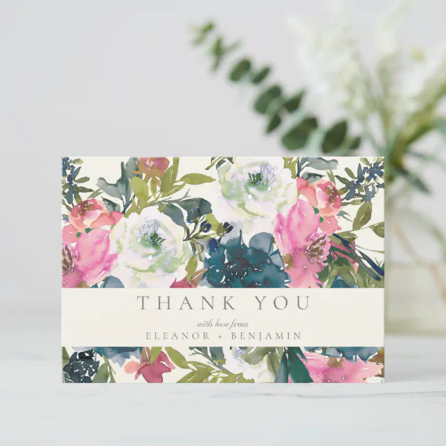 Elegant Watercolor Botanical Floral Bloom Wedding Thank You Card | Zazzle