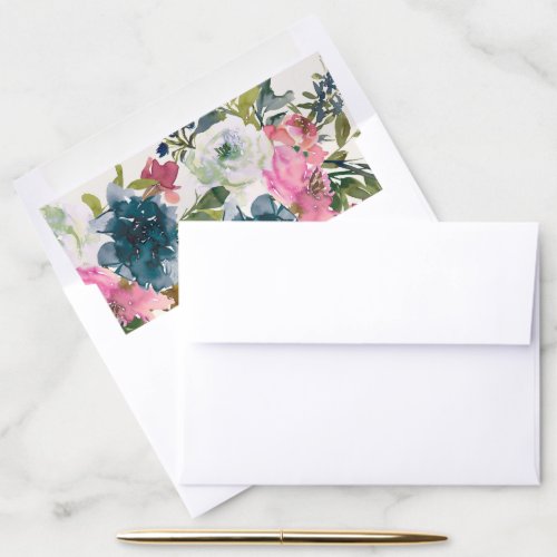 Elegant Watercolor Botanical Floral Navy Wedding  Envelope Liner