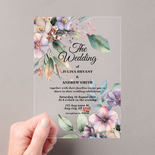 Elegant Watercolor botanical floral Wedding  Acrylic Invitations (Insitu (Handheld))