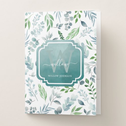 Elegant Watercolor Botanical Foliage Monogram Pocket Folder