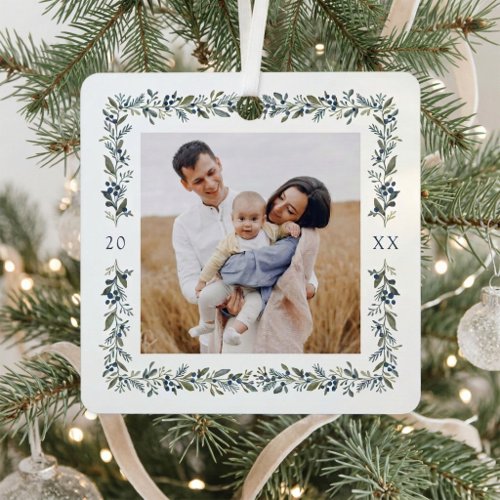 Elegant Watercolor Botanical Frame Christmas Photo Metal Ornament