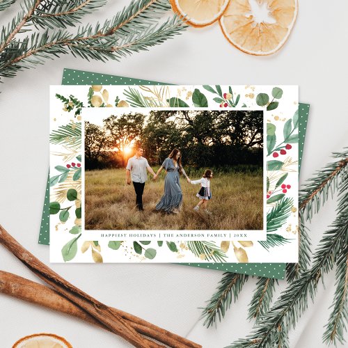 Elegant Watercolor Botanical Frame Photo Christmas Holiday Card