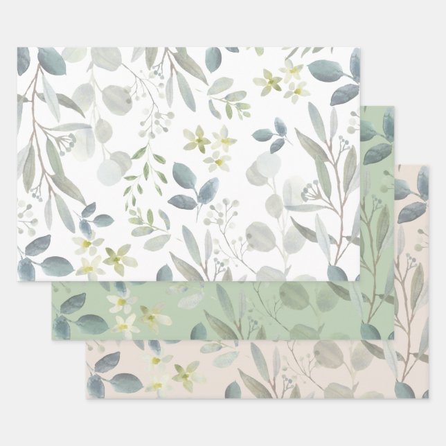 Elegant Watercolor Botanical Greenery Eucalyptus Wrapping Paper Sheets (Set)
