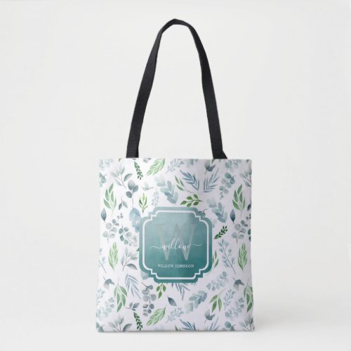 Elegant Watercolor Botanical Greenery Monogram Tote Bag
