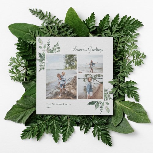 Elegant Watercolor Botanical Greenery Photo Holiday Card
