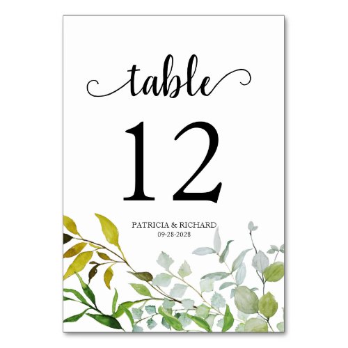 Elegant Watercolor Botanical Greenery Table Number