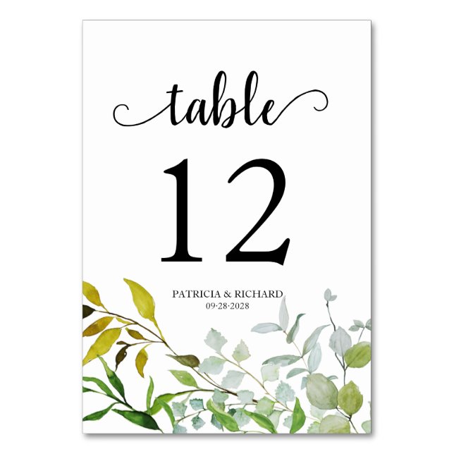Elegant Watercolor Botanical Greenery Table Number (Front)