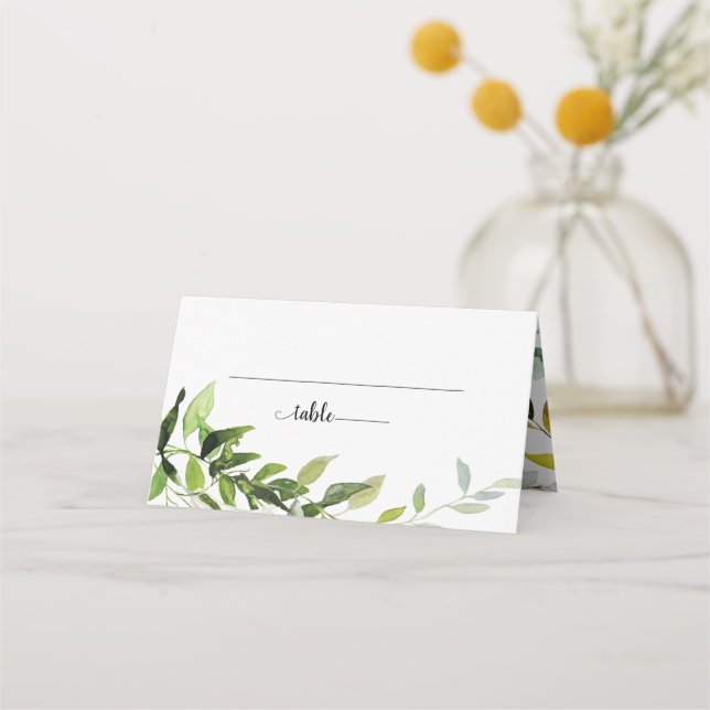 Elegant Watercolor Botanical Greenery Wedding Place Card (Front)