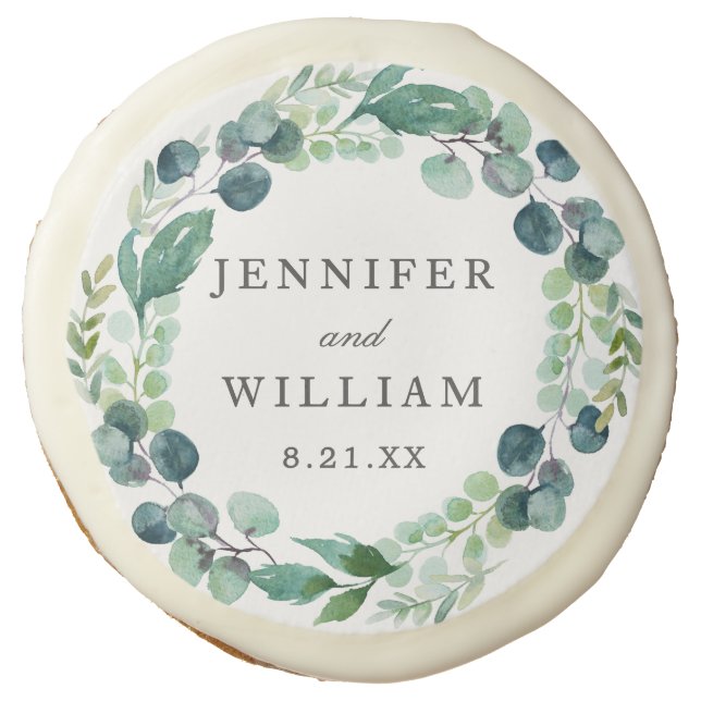 Elegant Watercolor Botanical Greenery Wedding Sugar Cookie (Front)