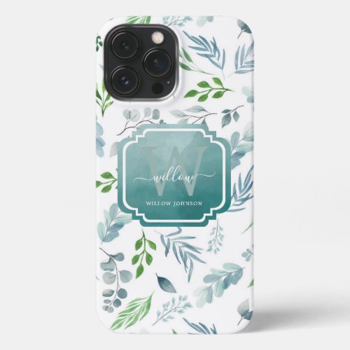 Elegant Watercolor Botanical Leaves Monogram iPhone 13 Pro Max Case