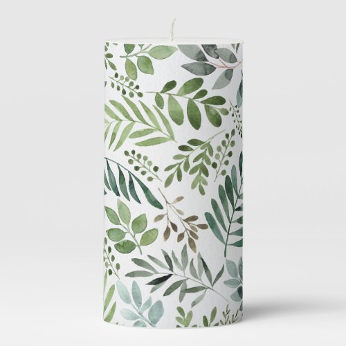 Elegant Watercolor Botanical Leaves  Pillar Candle