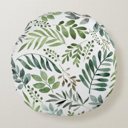 Elegant Watercolor Botanical Leaves   Round Pillow