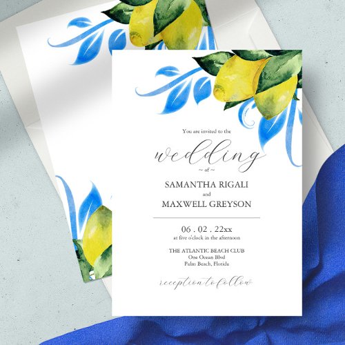 Elegant Watercolor Botanical Lemon Mediterranean Invitation