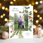 Elegant Watercolor Botanical One Photo Christmas  Holiday Card<br><div class="desc">This elegant holiday photo card features a beautiful watercolor botanical frame on a classic white background with a vertical photo and elegant typography. On the back there is a coordinating deep green background to which you can add another photo and/or text (edit using design tool).</div>