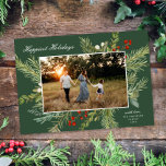 Elegant Watercolor Botanical One Photo Christmas  Holiday Card<br><div class="desc">This elegant holiday photo card features a beautiful watercolor botanical frame on a classic white background with a horizontal photo and elegant typography. On the back there is a coordinating deep green background to which you can add another photo and/or text (edit using design tool).</div>
