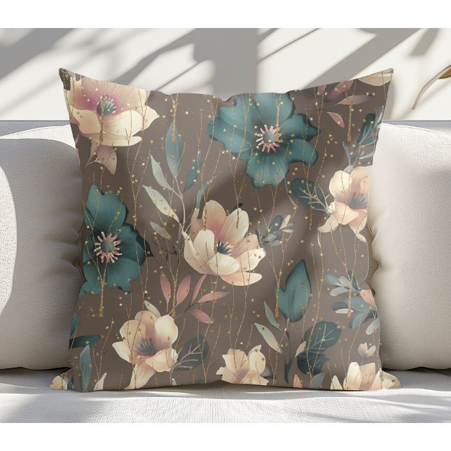 Elegant Watercolor Botanical Pattern Mocha  Throw Pillow (Creator Uploaded)
