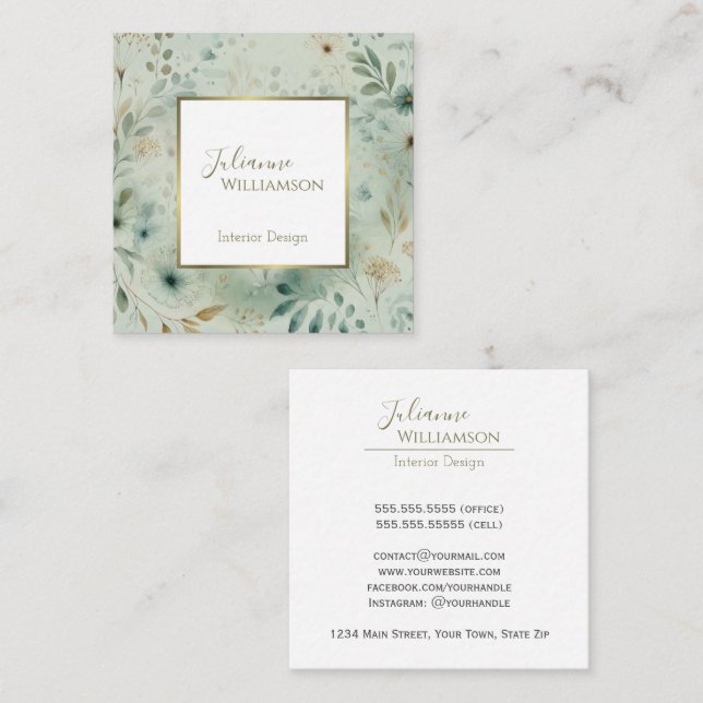 Elegant Watercolor Botanical Sage Green & Gold Square Business Card (Front/Back)