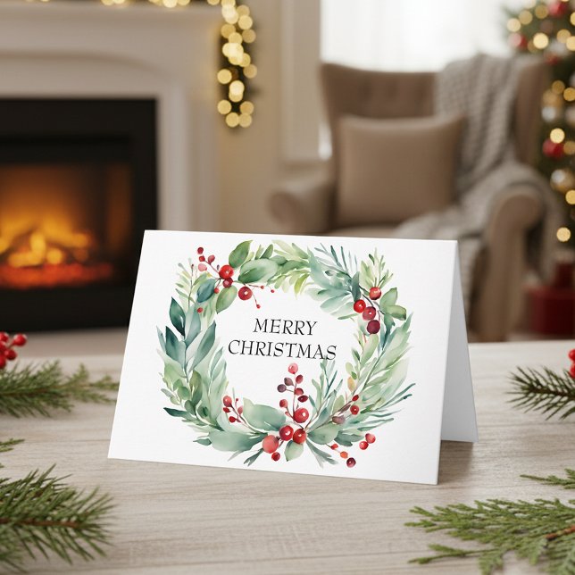 Elegant Watercolor Botanical Wreath Christmas Card (Creator Uploaded)