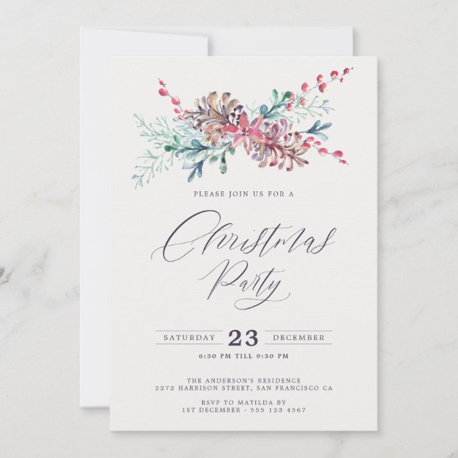 Elegant Watercolor Botanicals Christmas Party Invitation (Front)