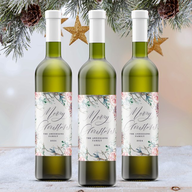 Elegant Watercolor Botanicals Merry Christmas Wine Label (Mockup View)