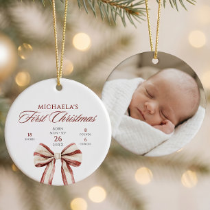 Elegant Watercolor Bow Baby First Christmas Photo Ceramic Ornament